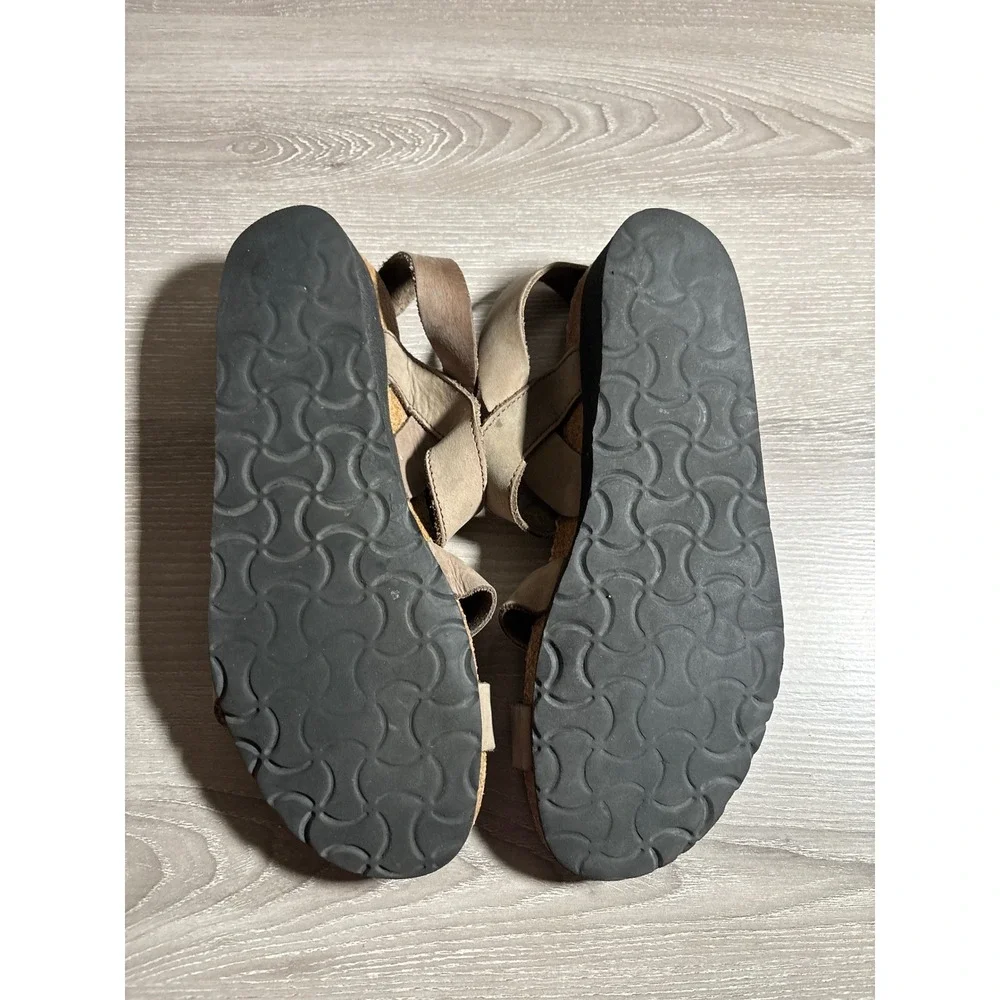 Naot Women 7.5 Tan Leather Strappy Cork Footbed Platform Walking Sandals Nature